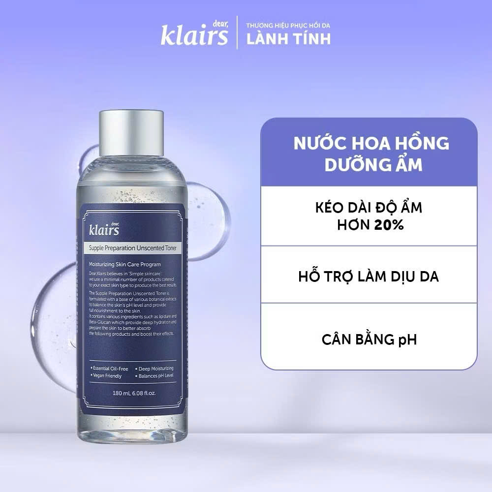 Nước Hoa Hồng Dear Klairs Supple Preparation Unscented Toner 180ml