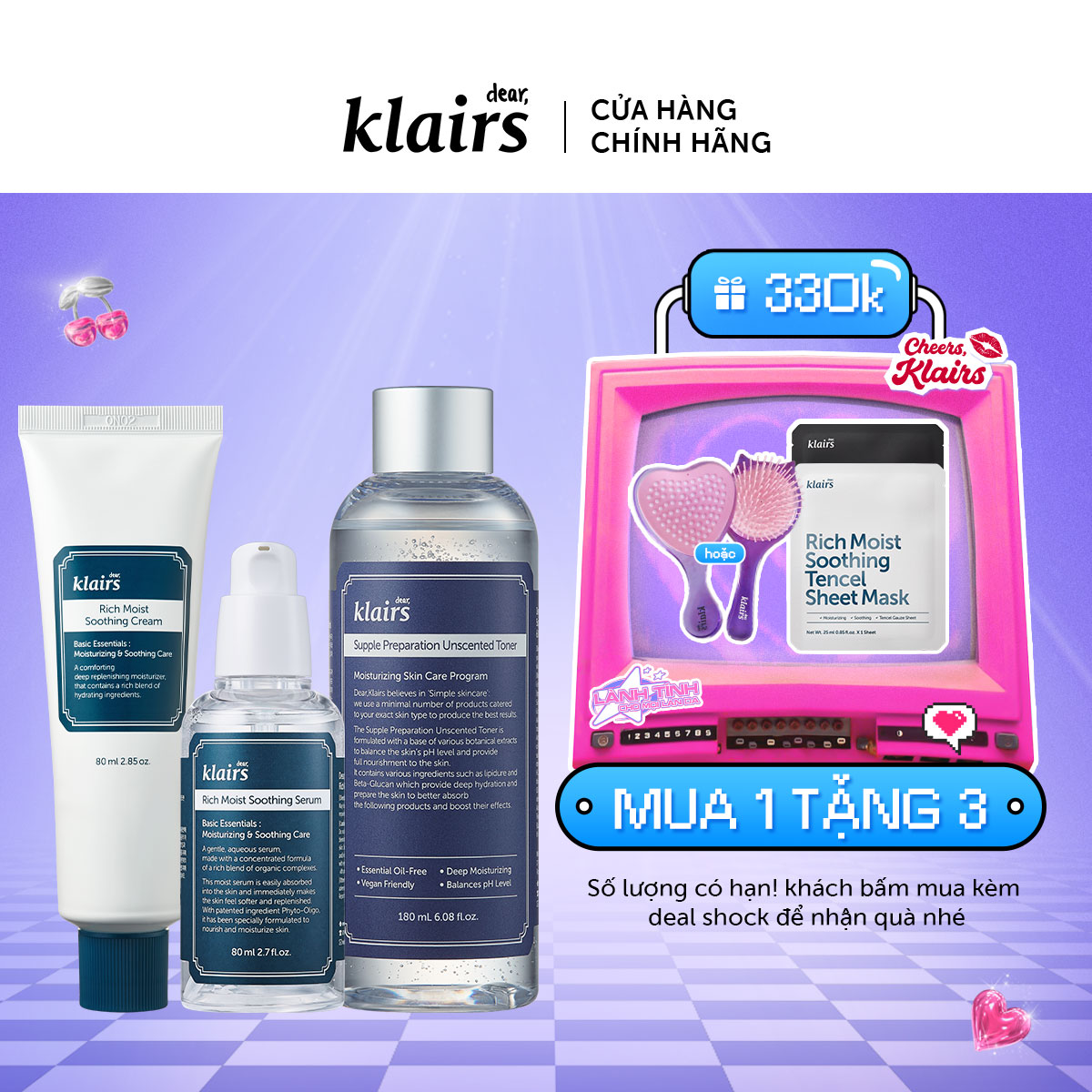 Combo 1 Rich Moist Soothing Serum 80ml +1 Rich Moist Soothing Cream 80g+ Klairs Supple Preparation Unscented Toner 180ml