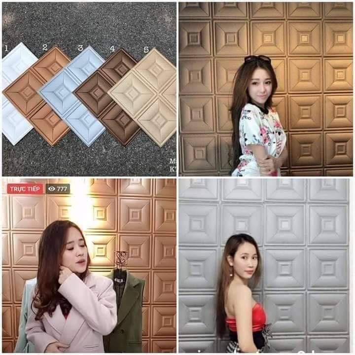 Bộ 5 Tấm Xốp Dán Tường Da Ô Vuông, Da P3 Nâu Đồng