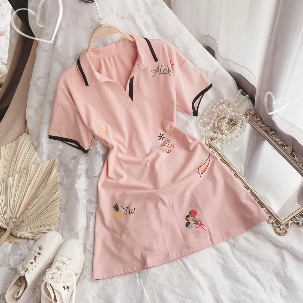 Đầm polo cổ kẻ màu hồng