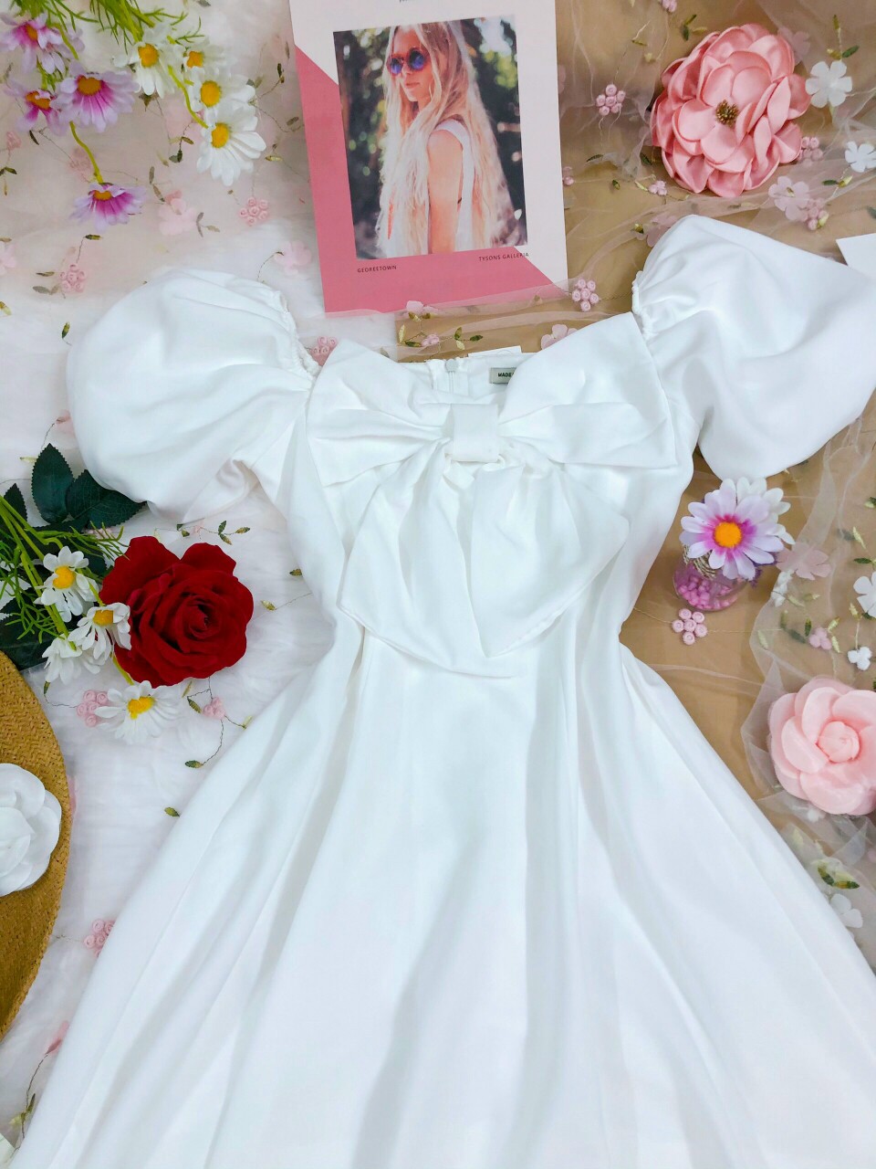 Đầm Dáng Xòe Thiết Kế Nơ Ngực Tay Phồng Chất Vải Cotton Thái Dày Dặn Có Lót Trong Hanaki HNK333