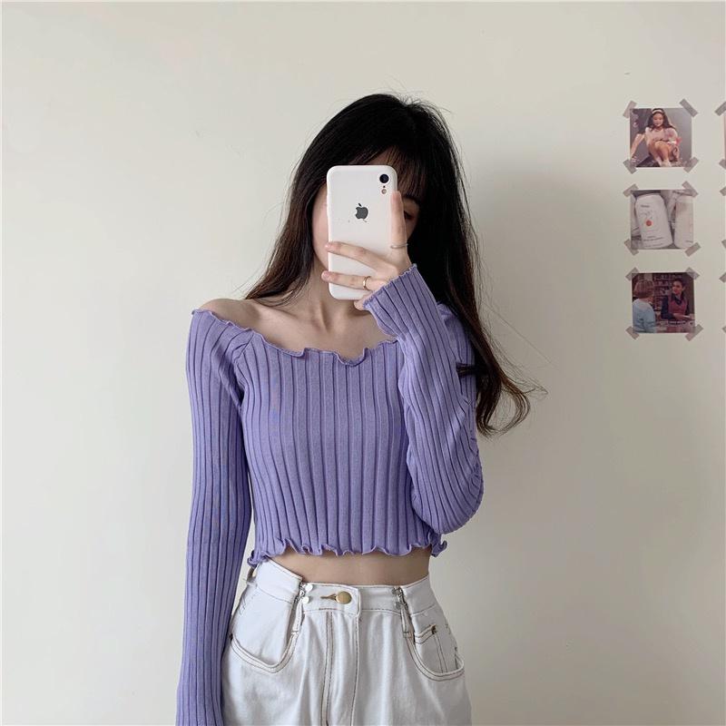 MS217 Áo len nữ dài tay viền bèo croptop kẻ sọc