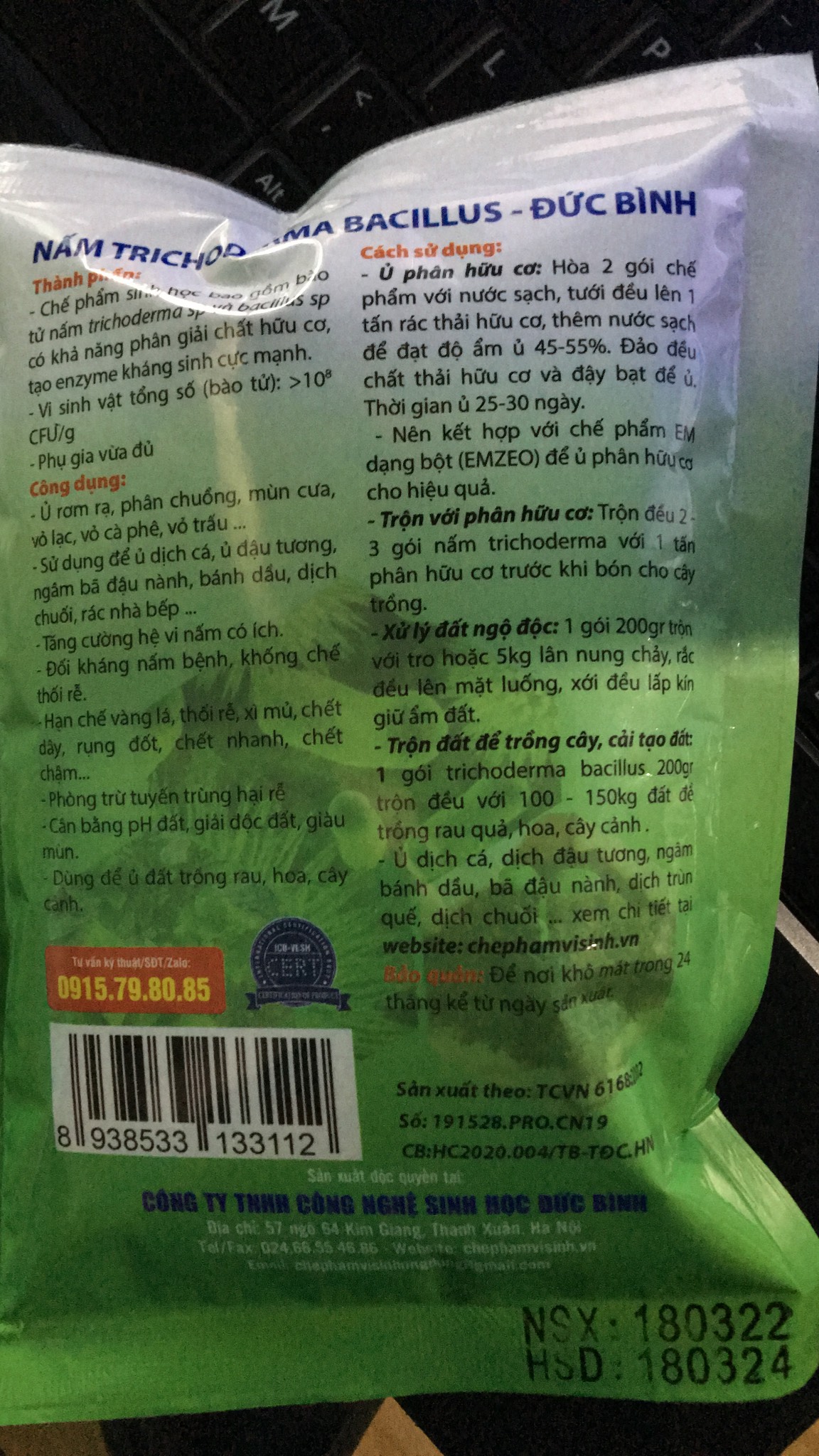 Sản Phẩm sinh học Trichoderma Bacillus Đức Bình gói 200gr