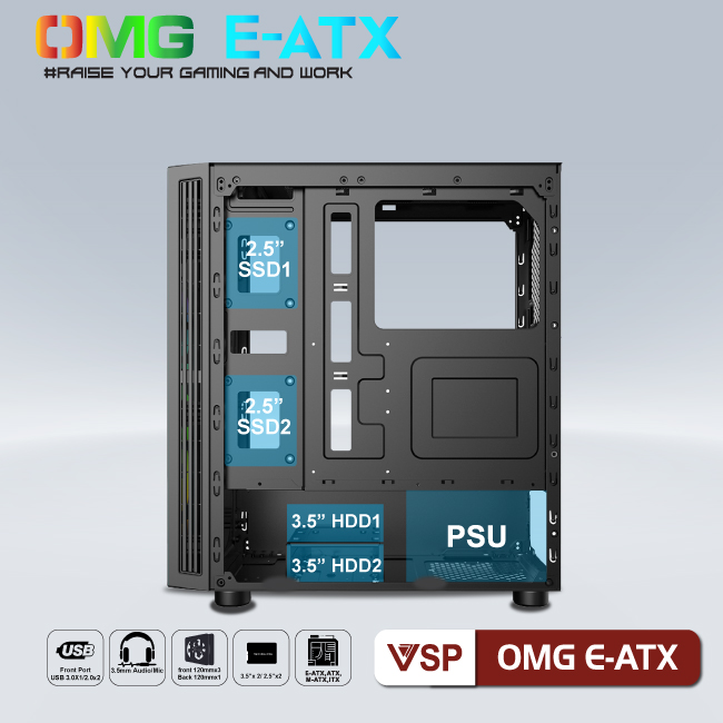 Vỏ máy tính Case VSP OMG [ĐEN ĐỎ] ~ Gaming LED E-ATX - Hàng chính hãng TECH VISION phân phối