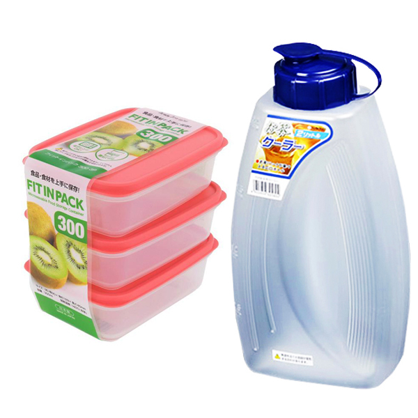 Combo 3 hộp nhựa đựng thực phẩm Fitin Pack nắp dẻo + bình đựng nước 2L nội địa Nhật Bản