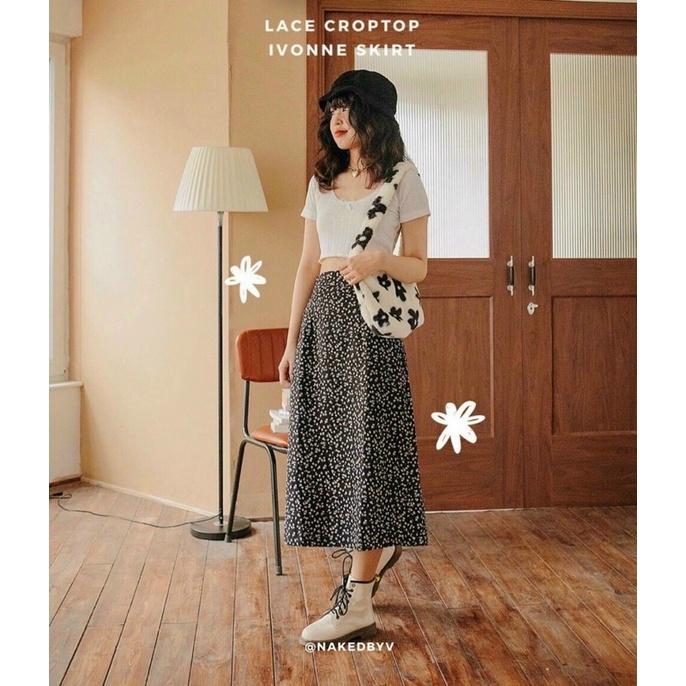 Set Áo Crop Trắng Thêu Nổi + Chân Váy Midi Hoa - Kèm Ảnh Thật
