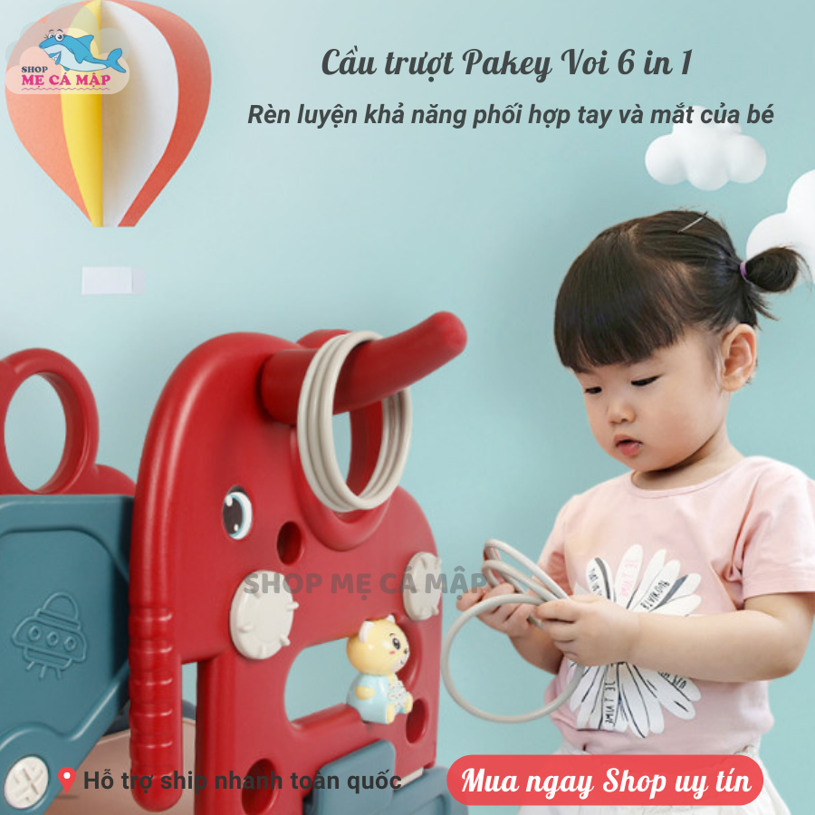 Cầu trượt cho bé PAKEY Hình Chú Voi Đa Năng 6 in 1 Hàng Cao Cấp, HÀNG SẴN KHO