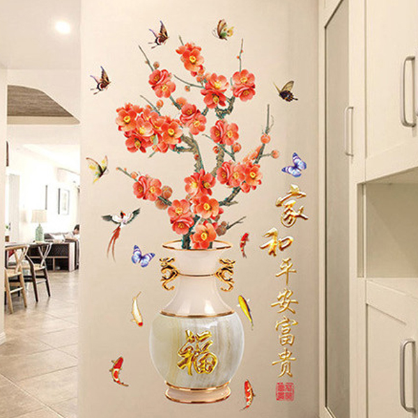 Decal Bình hoa đào 3D ngày tết Amy DH098 (162 x 92 cm)