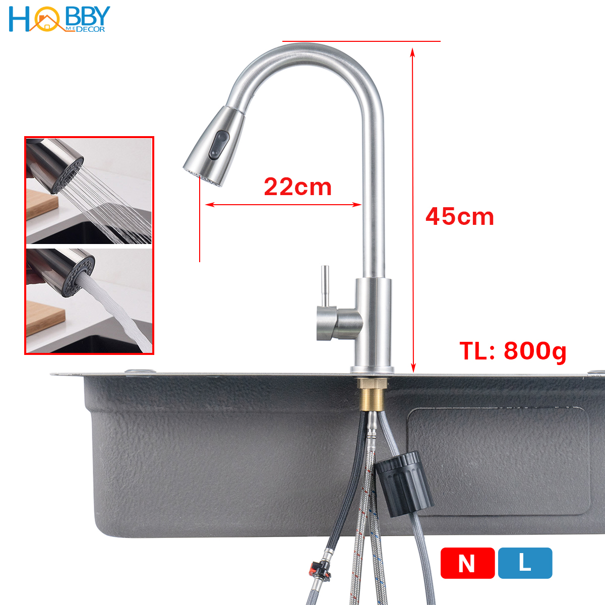 Vòi rửa chén nóng lạnh inox 304 đầu xả dây rút Hobby home decor VDR11 2 chế độ phun