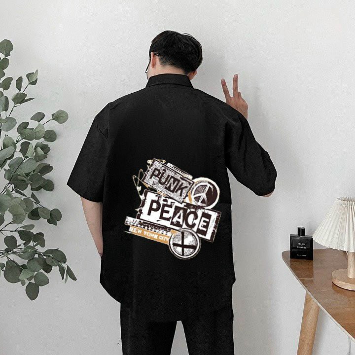 Áo Sơ Mi Tay Ngắn  Dáng Rộng Unisex Hoạ Tiết Punk Peace Phong Cách Đường Phố