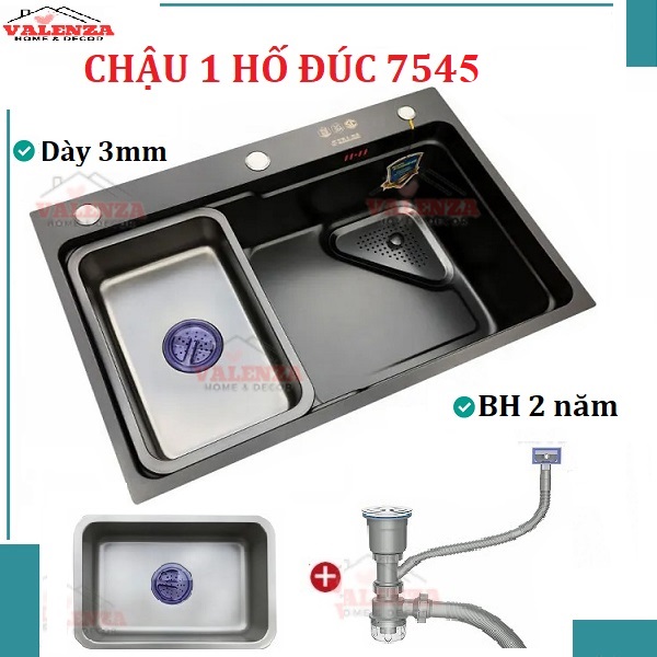 Chậu rửa bát 1 hố lớn inox 304 nano đen Valenza dày 3,5li kèm chậu phụ inox, bộ xả to ngăn mùi-Hàng chính hãng