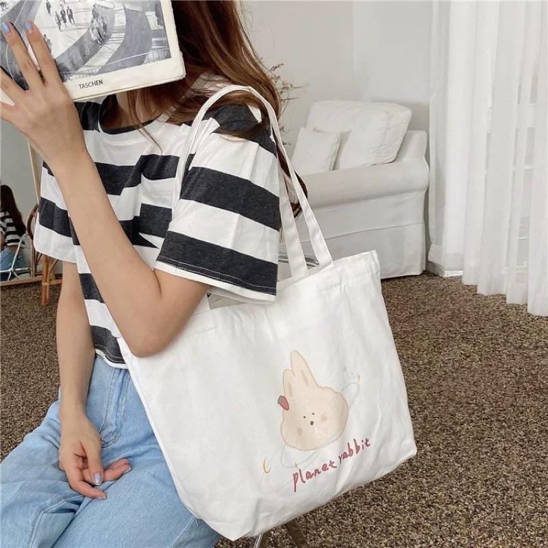 Túi Tote Túi Vải Canvas đeo vai Hình thú phong cách Hàn Quốc Cute có dây kéo và ngăn phụ