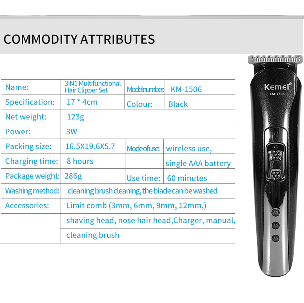 Tông Đơ Cắt Tóc KEMEI-1506 Đa Năng 3 Trong Một, Kèm Máy Cạo Râu Và Tỉa Lông Mũi, Công Suất 3W PIN Cực Bền- HÀNG CHÍNH HÃNG