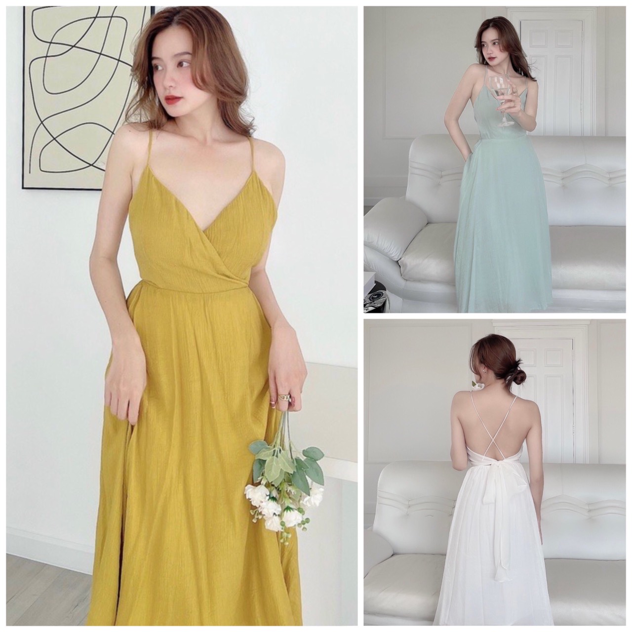 Đầm midi 2 dây chéo lưng cột nơ siêu sexy gam màu pastel nhẹ nhàng