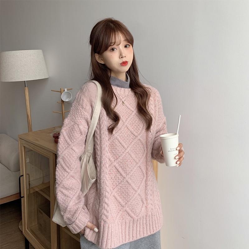 Áo len nữ Mori cổ tròn áo len thừng xoắn màu pastel Hàn Quốc