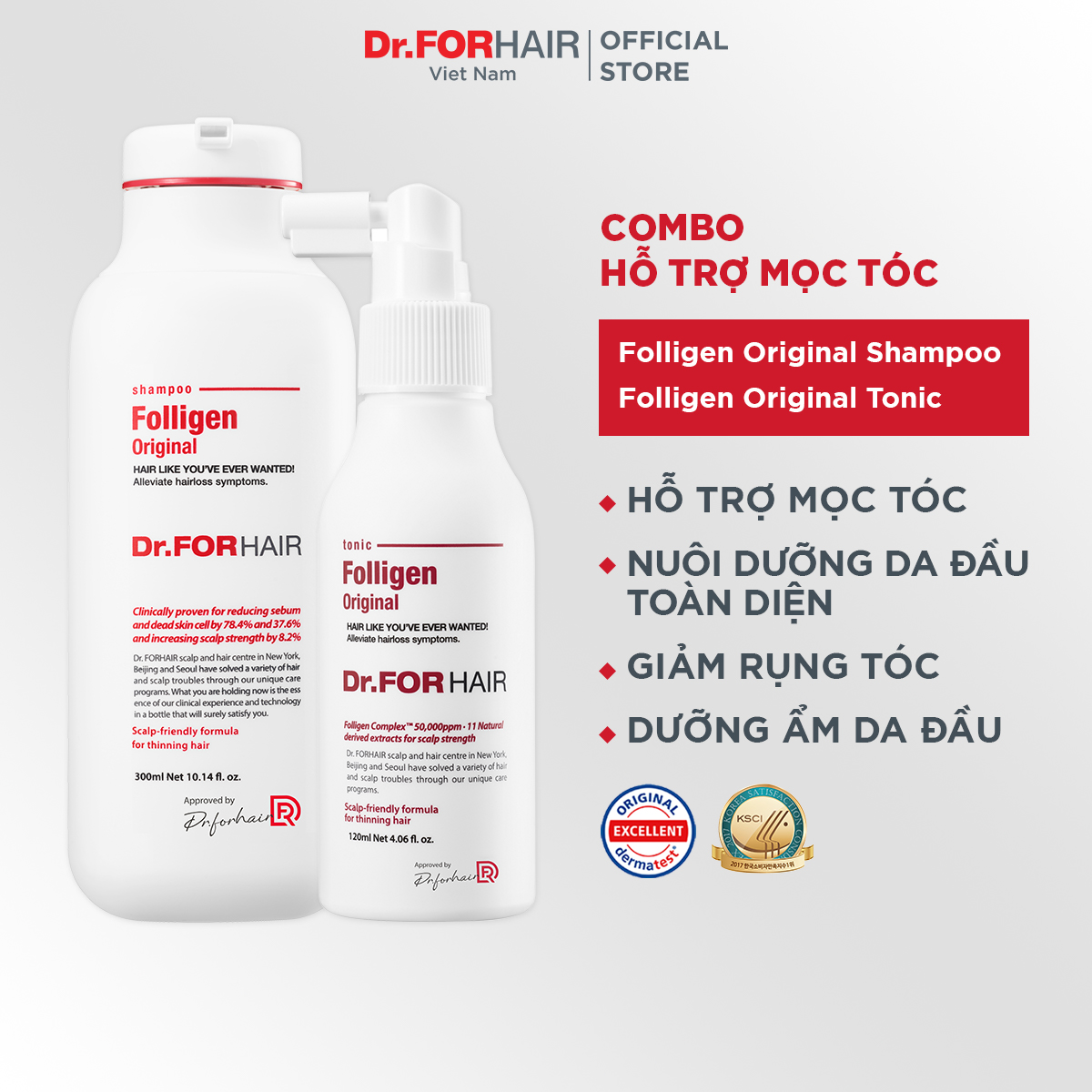 Combo gội dưỡng hỗ trợ mọc tóc giảm rụng tóc nuôi dưỡng da đầu Dr.FORHAIR Folligen Original Shampoo 300ml x Folligen Tonic Original 120ml