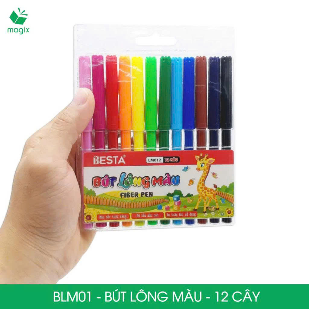 BLM01 - 12 cây bút lông màu, bút dạ màu sắc tươi sáng, an toàn cho bé
