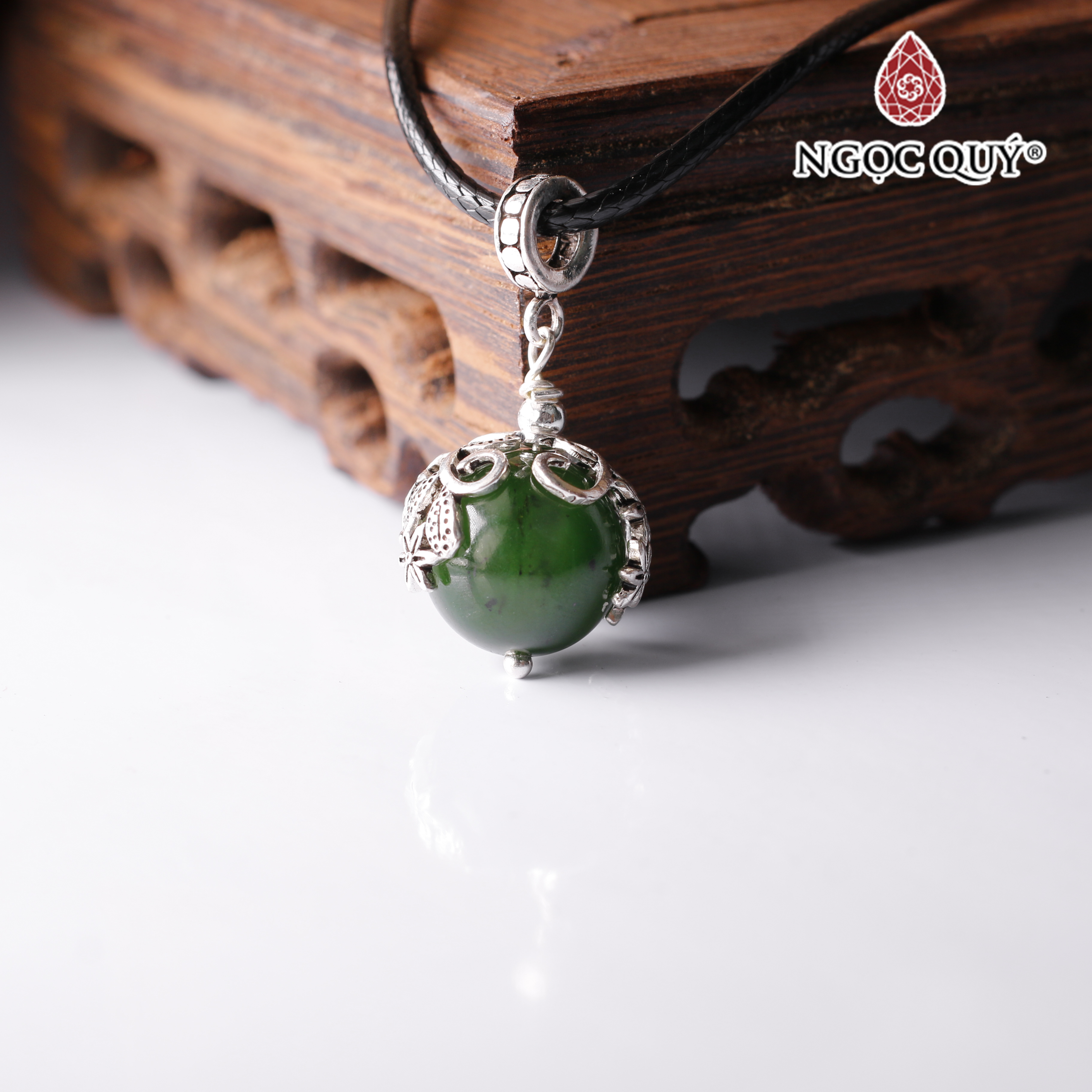 Mặt dây chuyền hạt đá ngọc bích bọc charm bạc mệnh hỏa, mộc - Ngọc Quý Gemstones