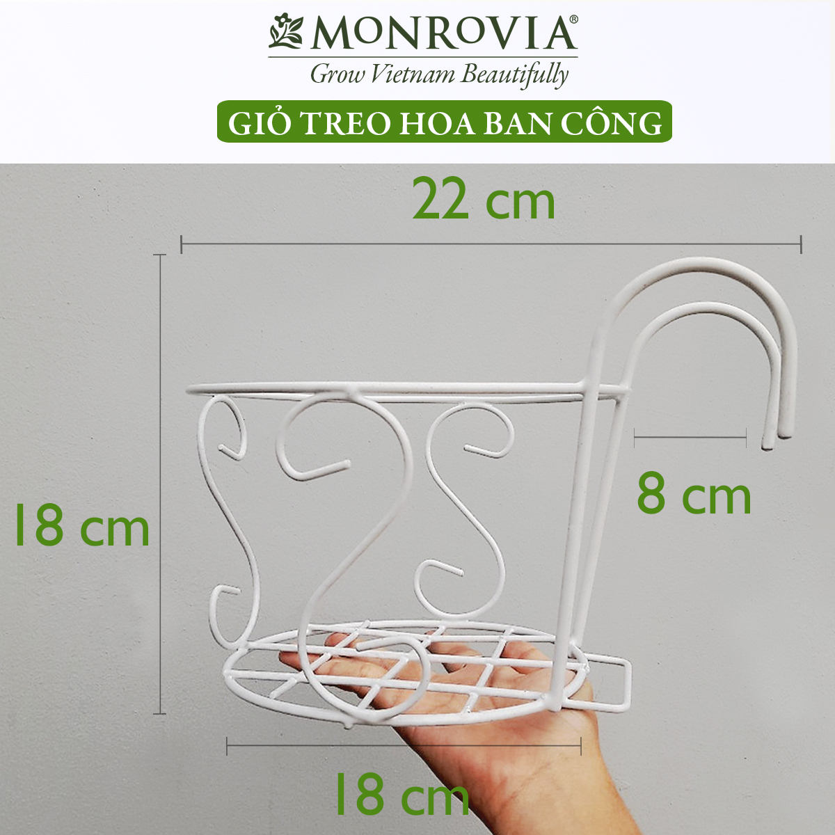 Combo 3 Giỏ treo chậu hoa ban công MONROVIA, giỏ sắt treo chậu hoa ban công, chậu treo ban công, kệ treo ban công, móc treo, khung thép, sơn tĩnh điện chính hãng thương hiệu MONROVIA  – Màu Trắng