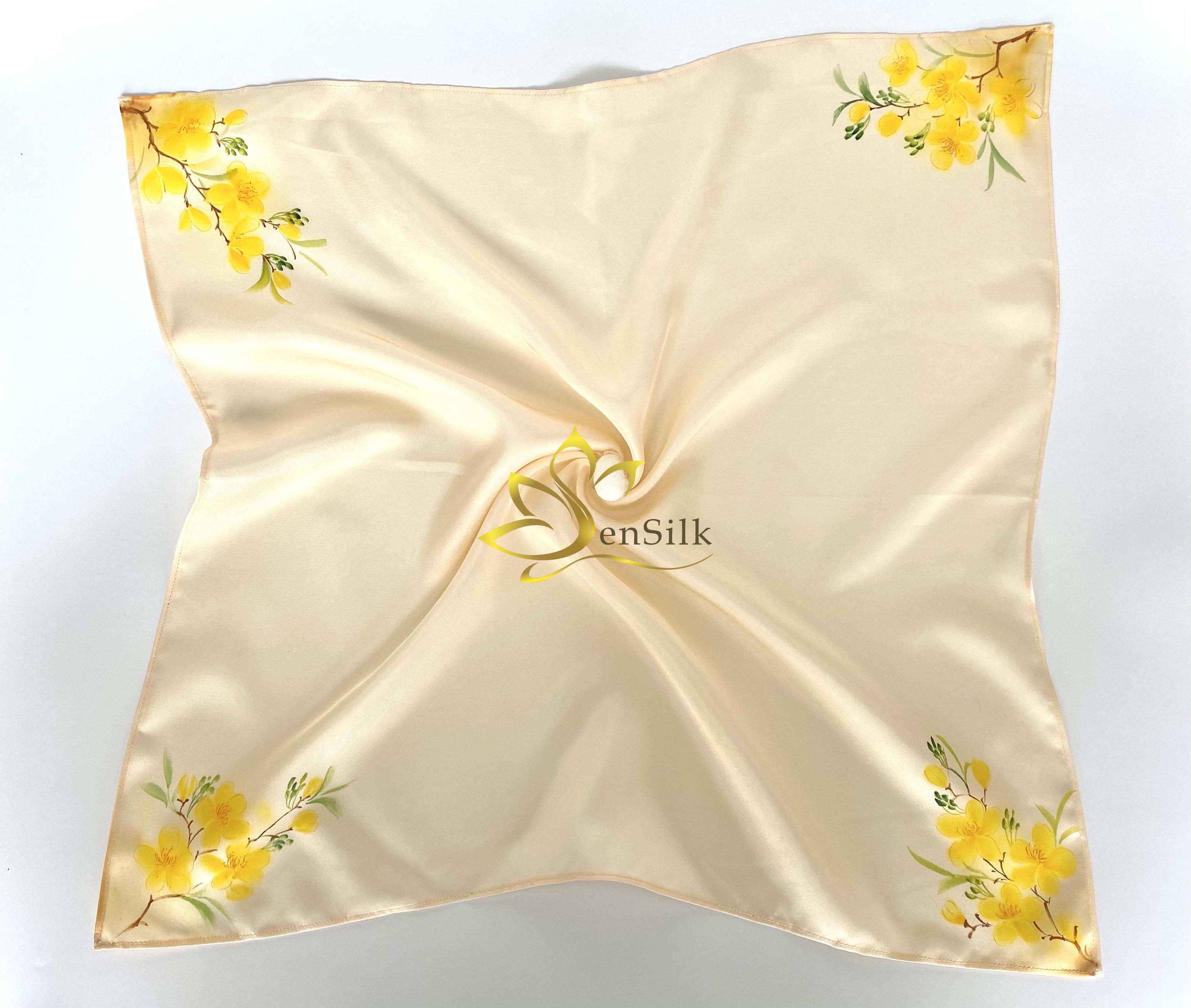 Khăn Lụa Thắt Nơ Cổ Vẽ Tay Mai Vàng SenSilk 55x55cm, Lụa Tơ Tằm Bảo Lộc Thời Trang - Phụ Kiện Lụa Cao Cấp