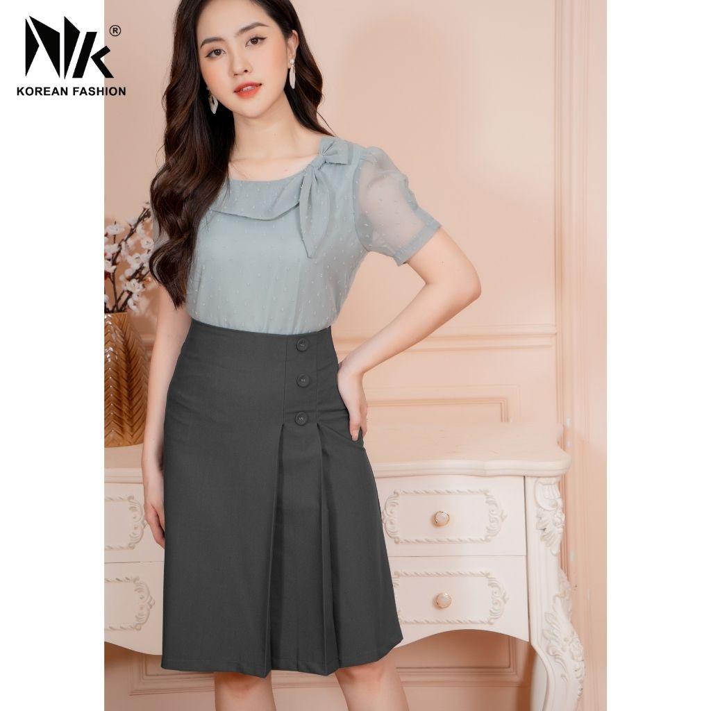 Chân Váy Nữ Công Sở NK Fashion Xếp Ly Cạp Đứng Cúc Bọc, Chất Vải Hản Mềm Mịn, Co Giãn NKFCV2103001