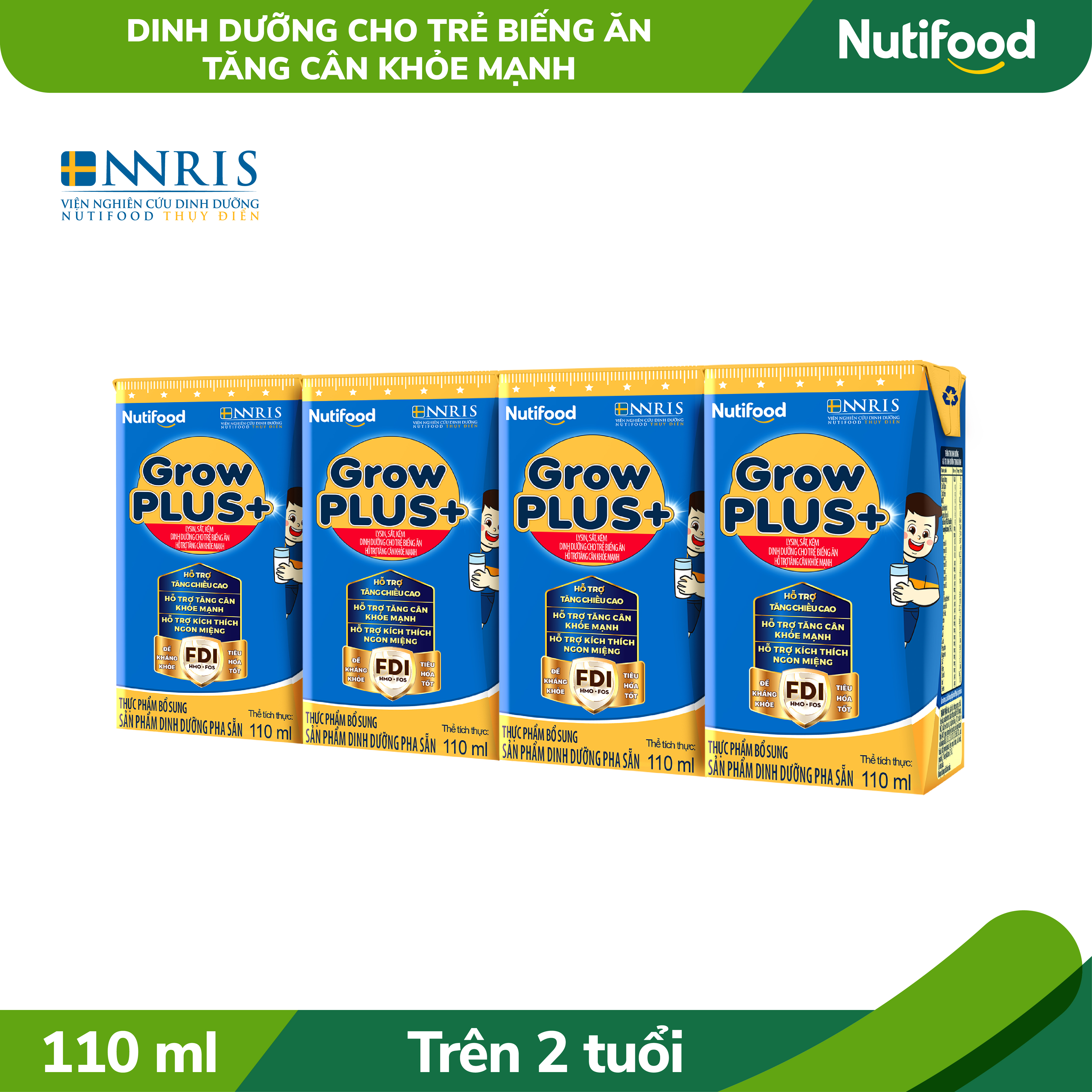 Thùng Sữa bột pha sẵn GrowPLUS+ Biếng ăn (XANH) cho trẻ tăng cân khoẻ mạnh (Trên 2 tuổi) (48 hộp x 110ml)