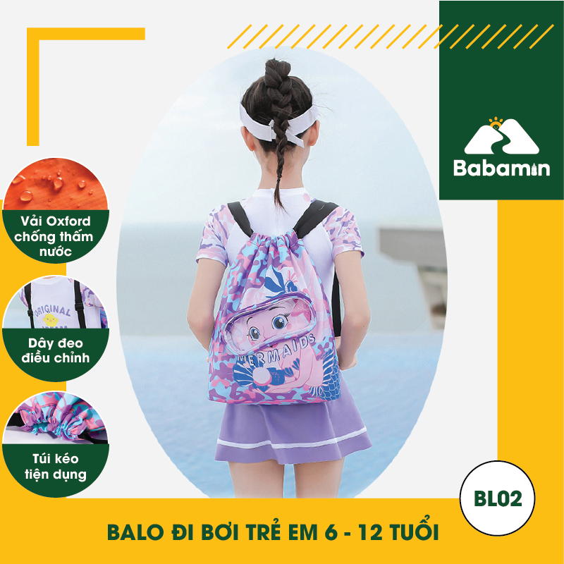 Balo Đi Bơi Trẻ Em 6 - 12 Tuổi Chống Thấm Nước, Babamin - Họa Tiết Hoạt Hình Dễ Thương - BL02