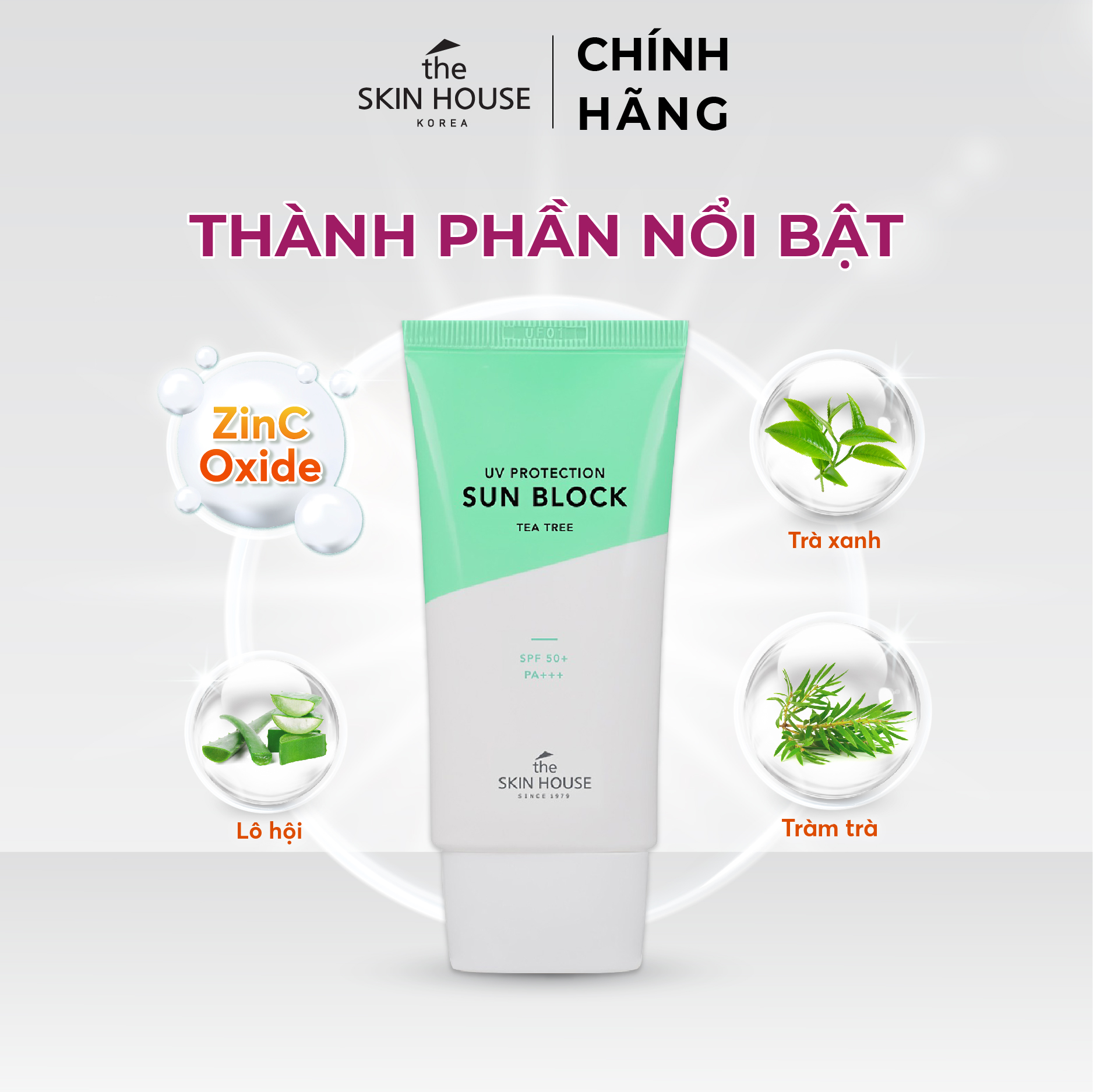 T61 Kem chống nắng tràm trà kháng khuẩn cho da mụn SPF50 PA+++  UV PROTECTION SUN BLOCK TEA TREE SPF50+ PA+++ 50ml