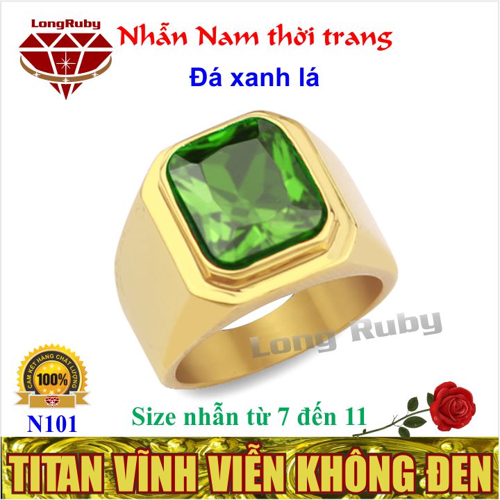 NHẪN NAM MẠ VÀNG TRƠN ĐÁ XANH LÁ ĐẸP | NHẪN NAM CAO CẤP - N101D