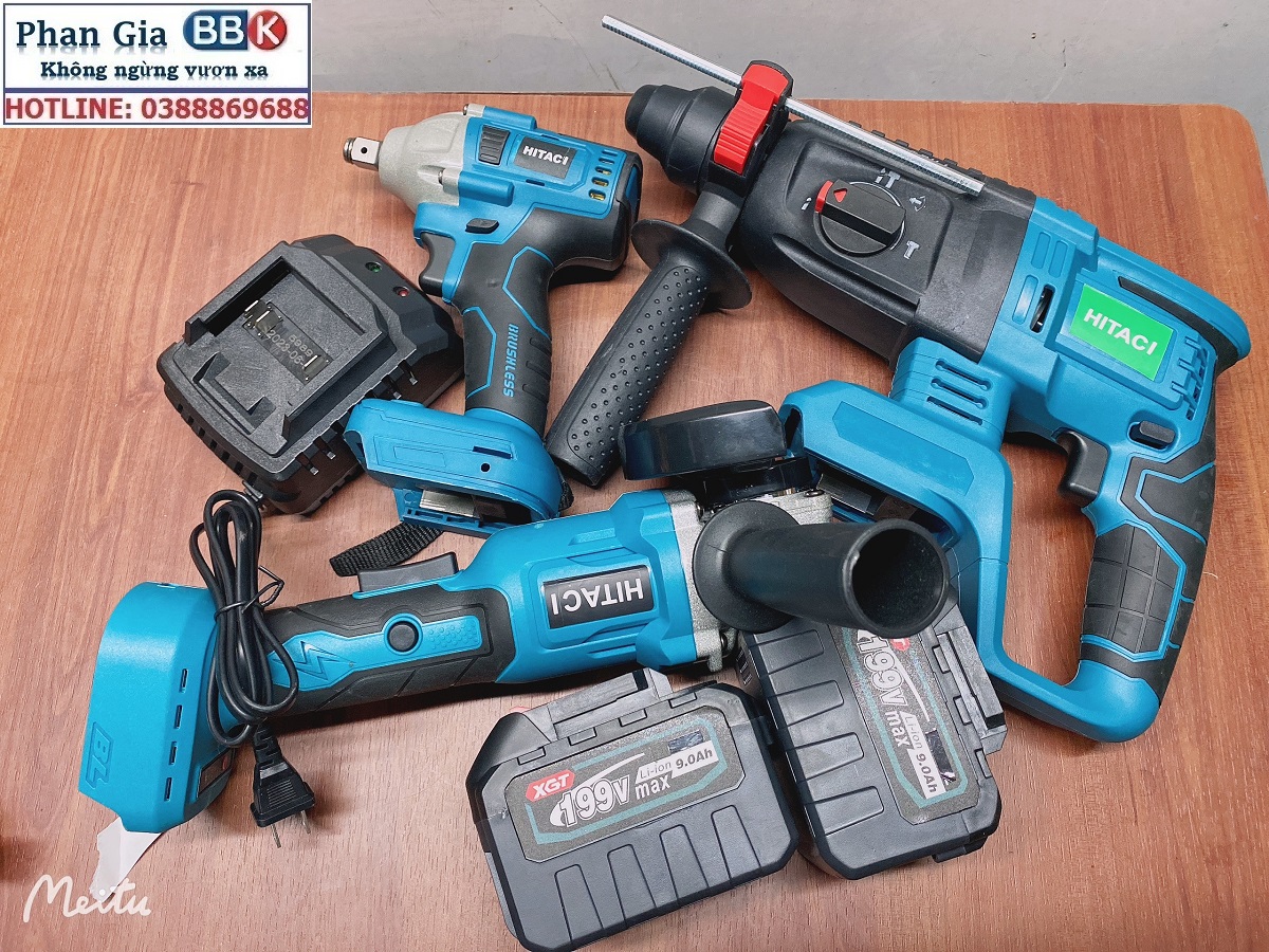 Bộ Combo 3 Trong 1 Gồm Máy Khoan Đục Bê Tông, Máy Mài Và Máy Siết Bulong Dùng Pin 199V 15 Cell, Lõi Đồng 100%, Động Cơ Không Chổi Than - Bảo Hành 1 Năm