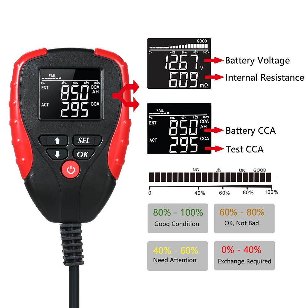 Digital 12V Vehicle Battery Tester with AH/CCA Mode Automotive Battery Load Tester Analyzer Automobile Vehicle Battery