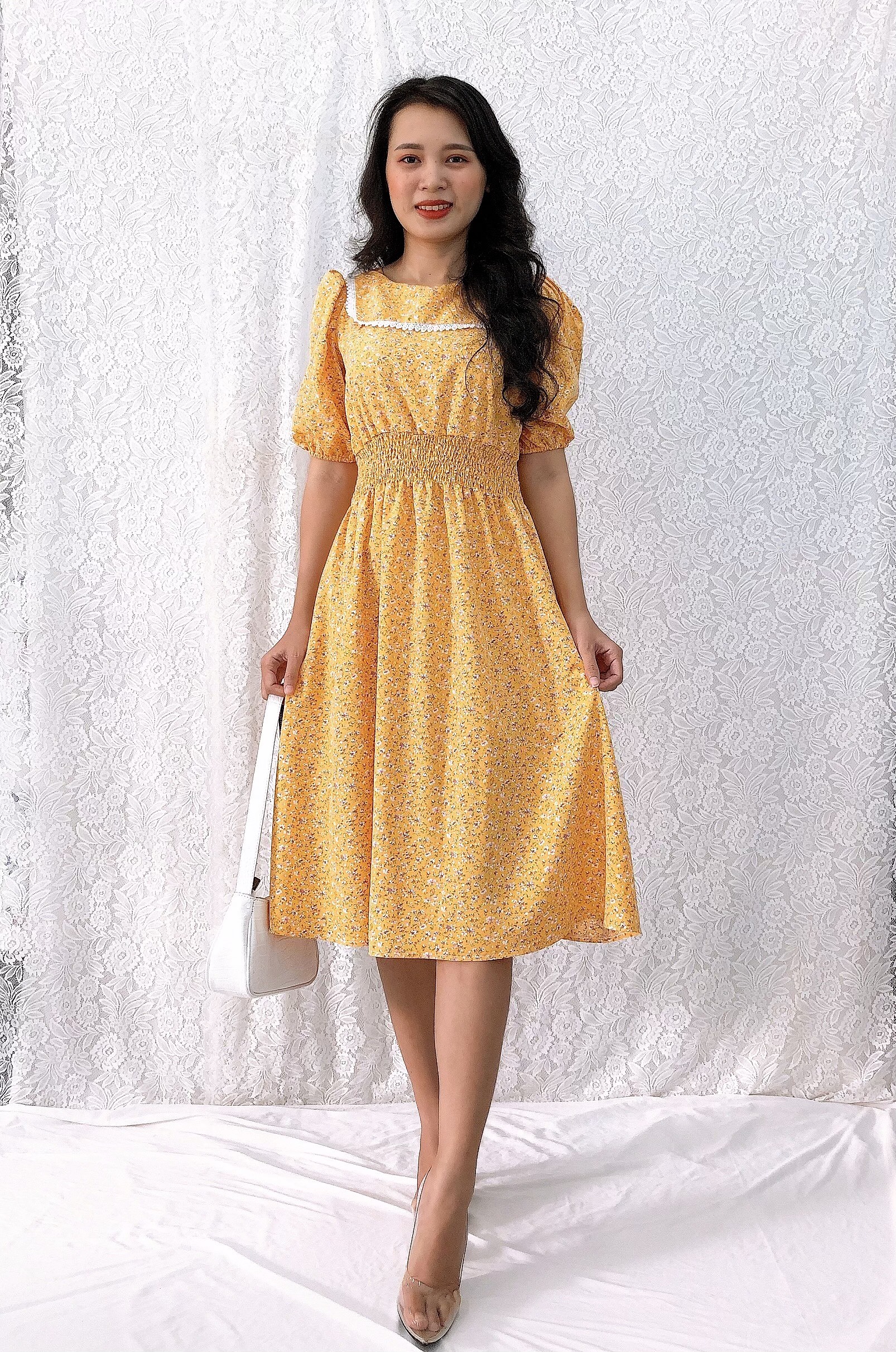 Đầm xòe dài hoa nhí S&M nhún thun eo, cổ phối ren siêu xinh, trẻ trung GR178