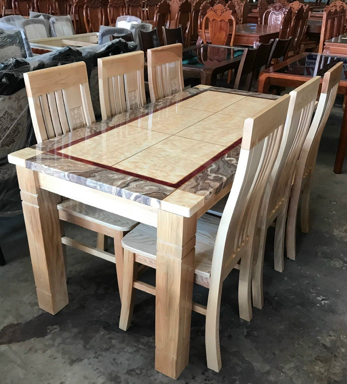 Bộ Bàn ăn gỗ sồi nga mặt đá 6 ghế hàng chuẩn xuất khẩu