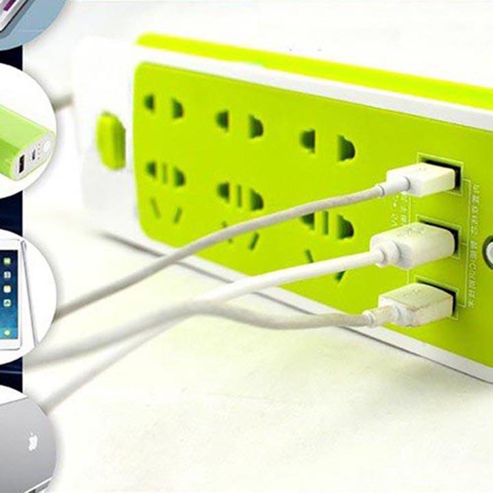 Ổ Cắm Điện Đa Năng Chống Giật 6 Ổ Cắm, 3 Cổng Usb-Xanh Lá - Hàng Loại 1