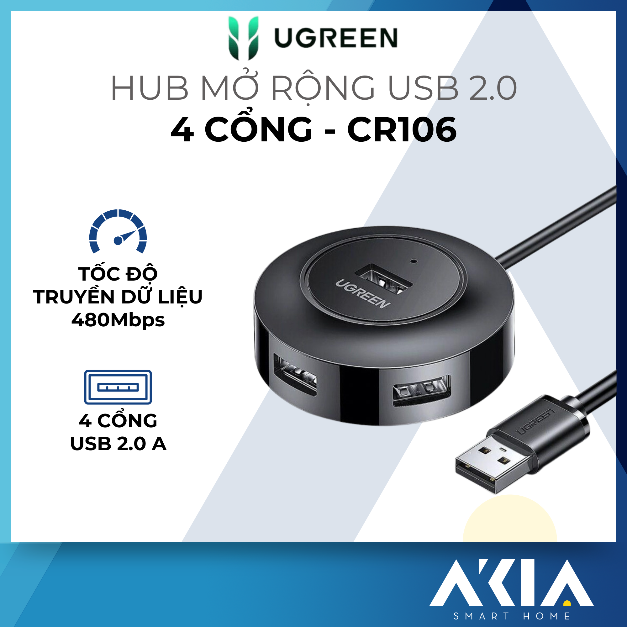 Hub USB 2.0 UGREEN CR106 - 4 cổng tốc độ cao, Bảo hành 18 tháng  - Hàng chính hãng