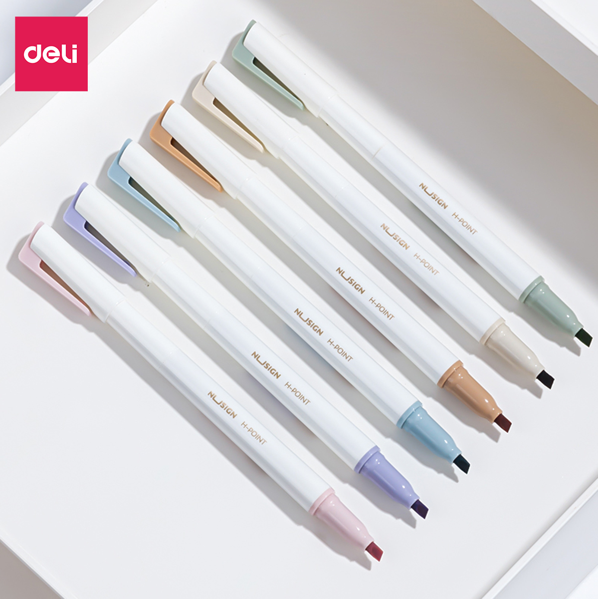 Set 6 bút highlight 2 đầu nhớ dòng đánh dấu màu pastel tươi sáng cute Nusign Deli dạ quang tiện lợi cho học sinh văn phòng