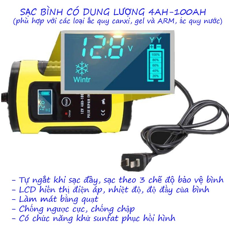 Sạc bình ắc quy 12V 4Ah-100Ah FOXSUR tự ngắt khi đầy chức năng bảo dưỡng phục hồi ắc quy bằng khử sunfat chống ngược cực