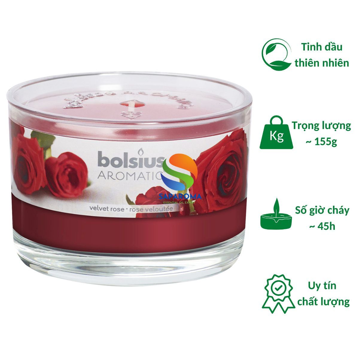 Ly nến thơm tinh dầu Bolsius Velvet Rose 155g QT024880 - hoa hồng nhung, nến trang trí, thơm phòng, thư giãn, Hỗ trợ khử mùi