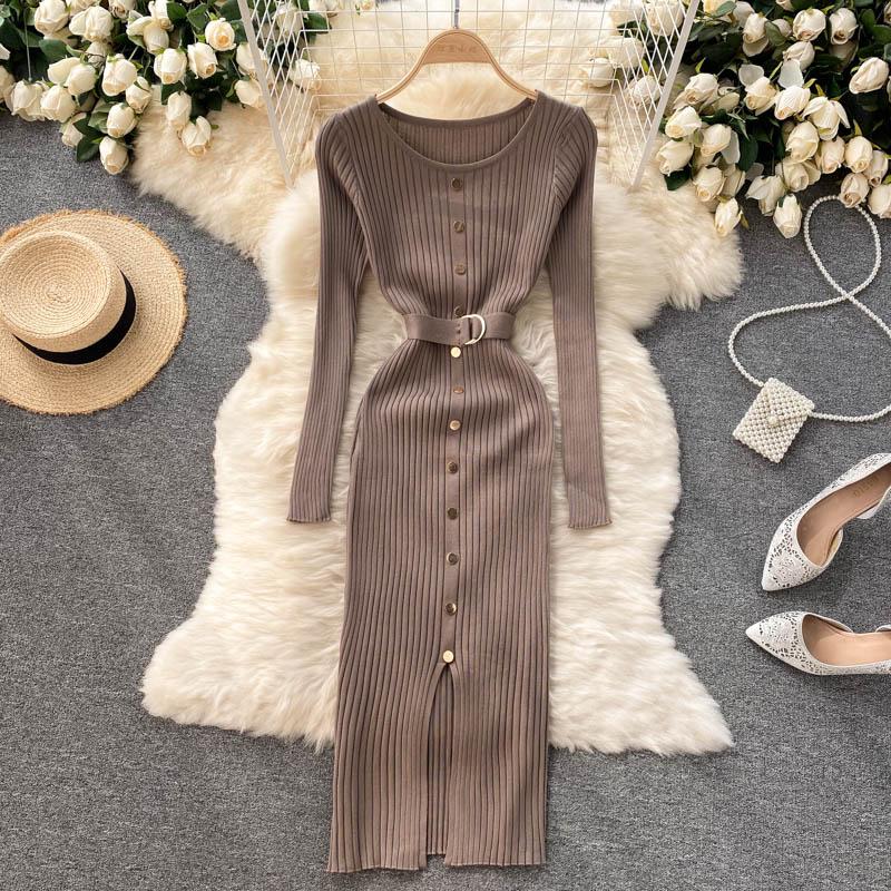 SINGREINY Nữ Thun Đầm Dệt Kim Tay Dài Cổ Tròn Nút Dây Mỏng Vỏ Áo Thu Gợi Cảm Bodycon Chia Đầm Ngắn