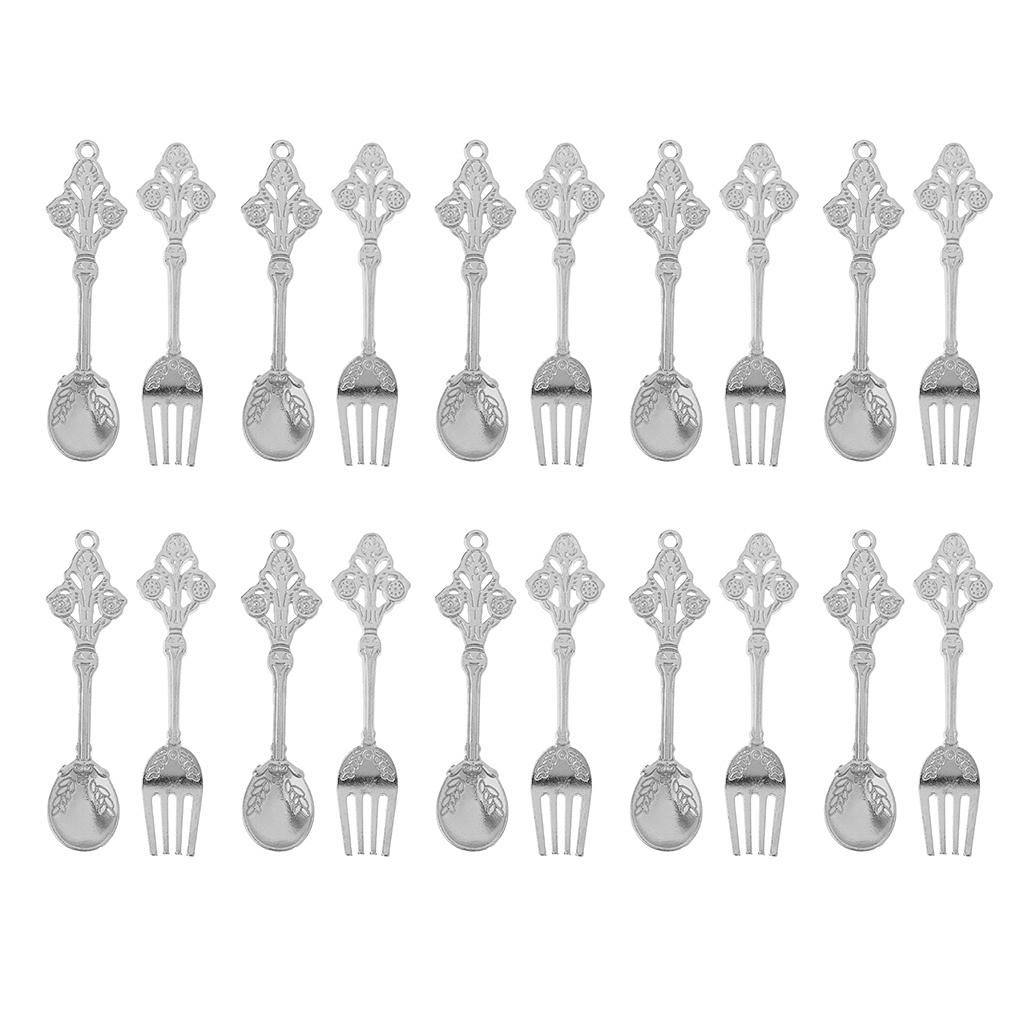 1/12 Dollhouse Tableware 20pcs Silver Spoon Fork for Kitchen Table Accessory