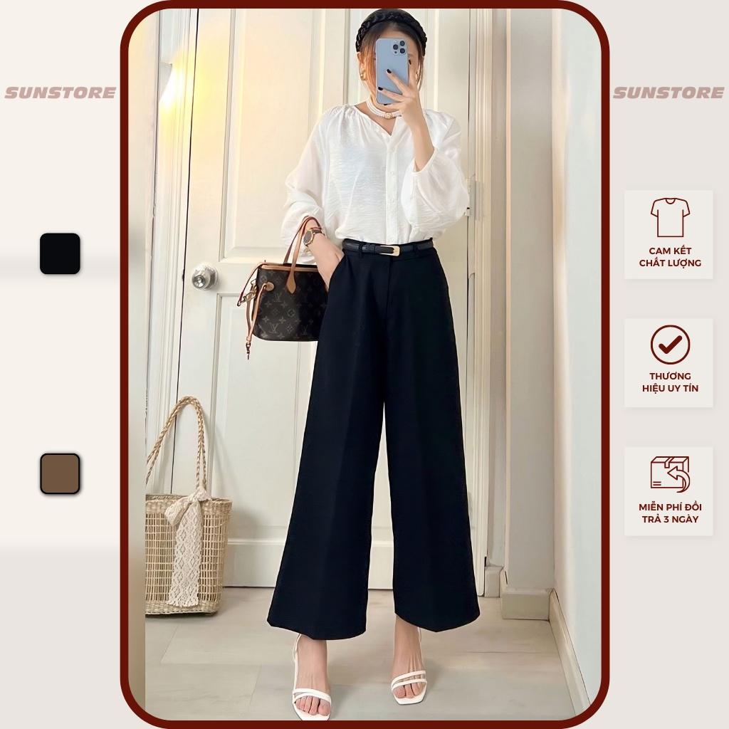 Quần lửng ống rộng nữ culottes lưng cao cạp cao vải dáng suông màu nâu và đen - Sunstore - Đen, Đen