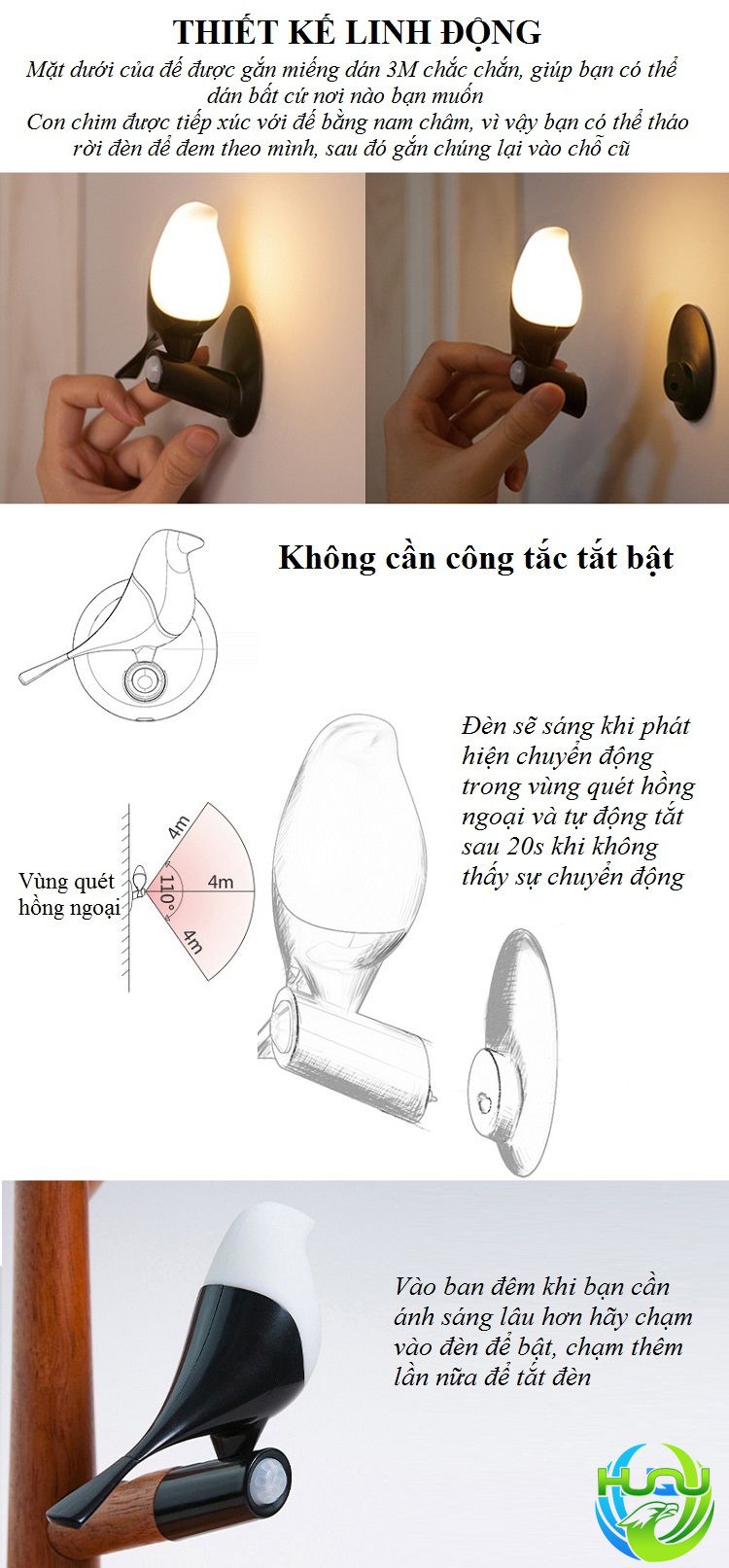 Đèn Ngủ Cảm Ứng Treo Tường Hình Chú Chim HUQU Sử Dụng Pin Sạc -Hàng Chính Hãng