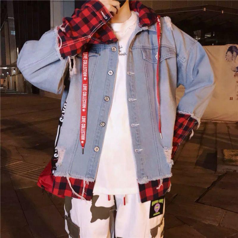 ÁO KHOÁC JEANS NAM phối sơmi đỏ nam nữ