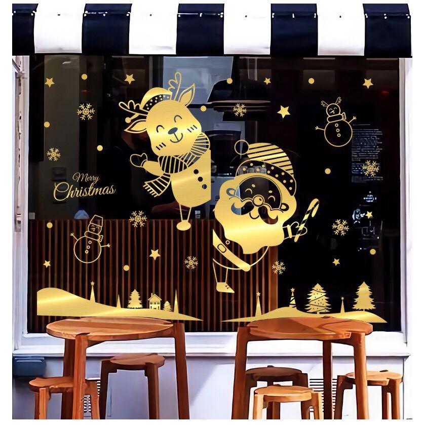 Decal trang trí tường Noel - Ông già noel tuần lộc nhí chào lễ ánh vàng cao cấp