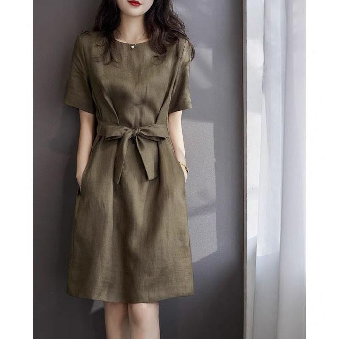 Đầm linen dáng xòe tay cộc trẻ trung, thời trang hè thu 2021 - Xanh rêu