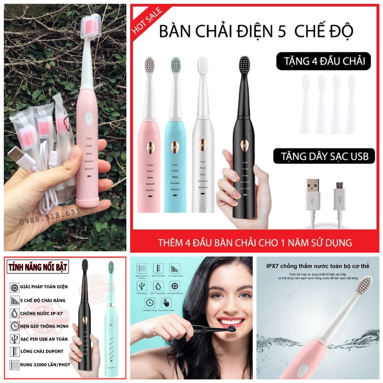 Bàn Chải Đánh Răng Điện PRO Công Nghệ Sóng Âm có sạc điện, Chải Sạch Mảng Bám mẫu mới hàng cao cấp