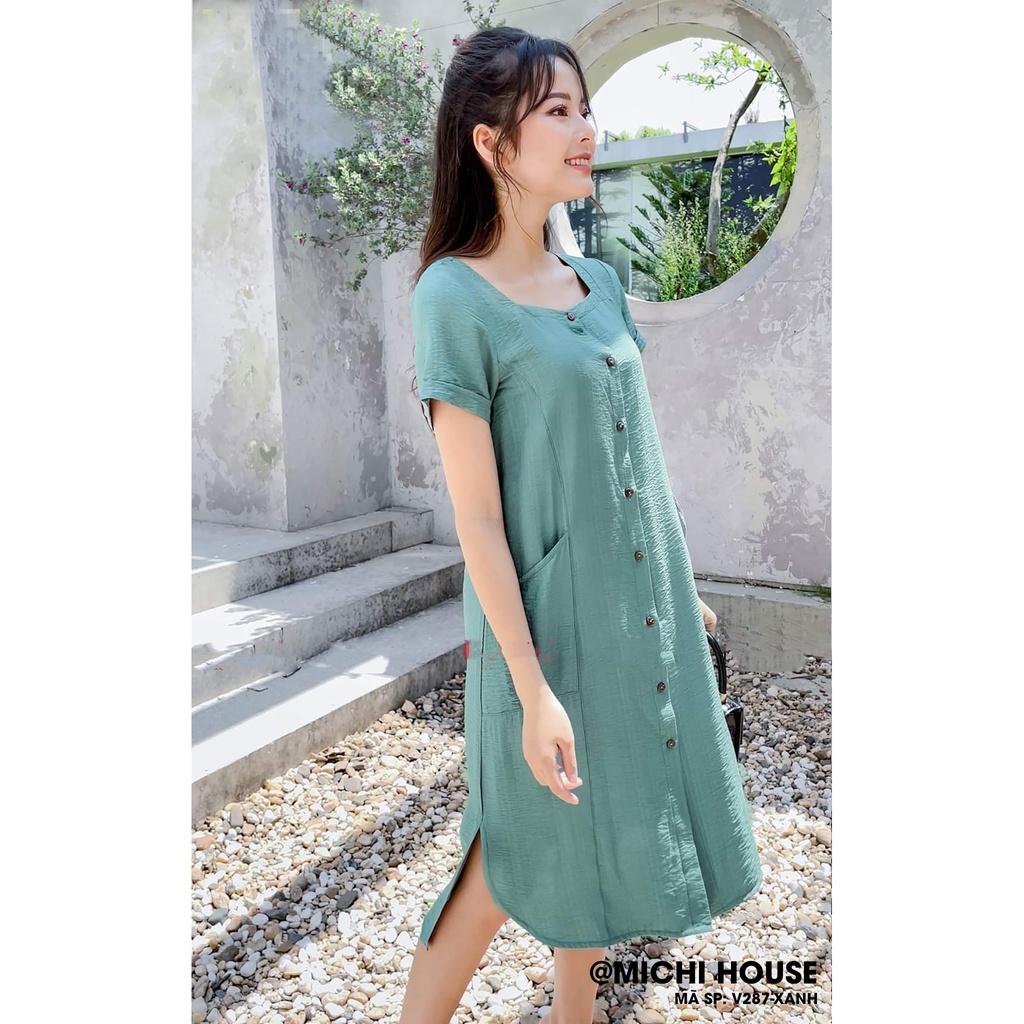Váy suông đũi bamboo cổ vuông, đầm dáng suông đủ size, váy xuất Nhật, mã VS287 - Michi House