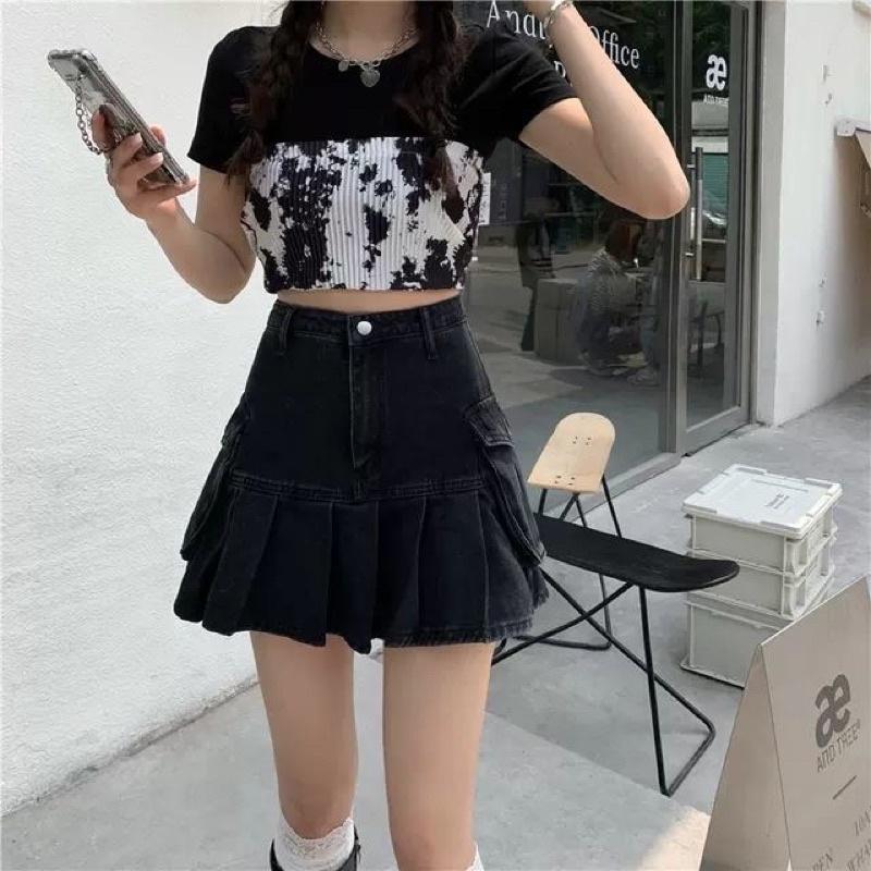 (SẴN L, XL) CHÂN VÁY JEAN XOÈ XẾP LY PHONG CÁCH RETRO V6