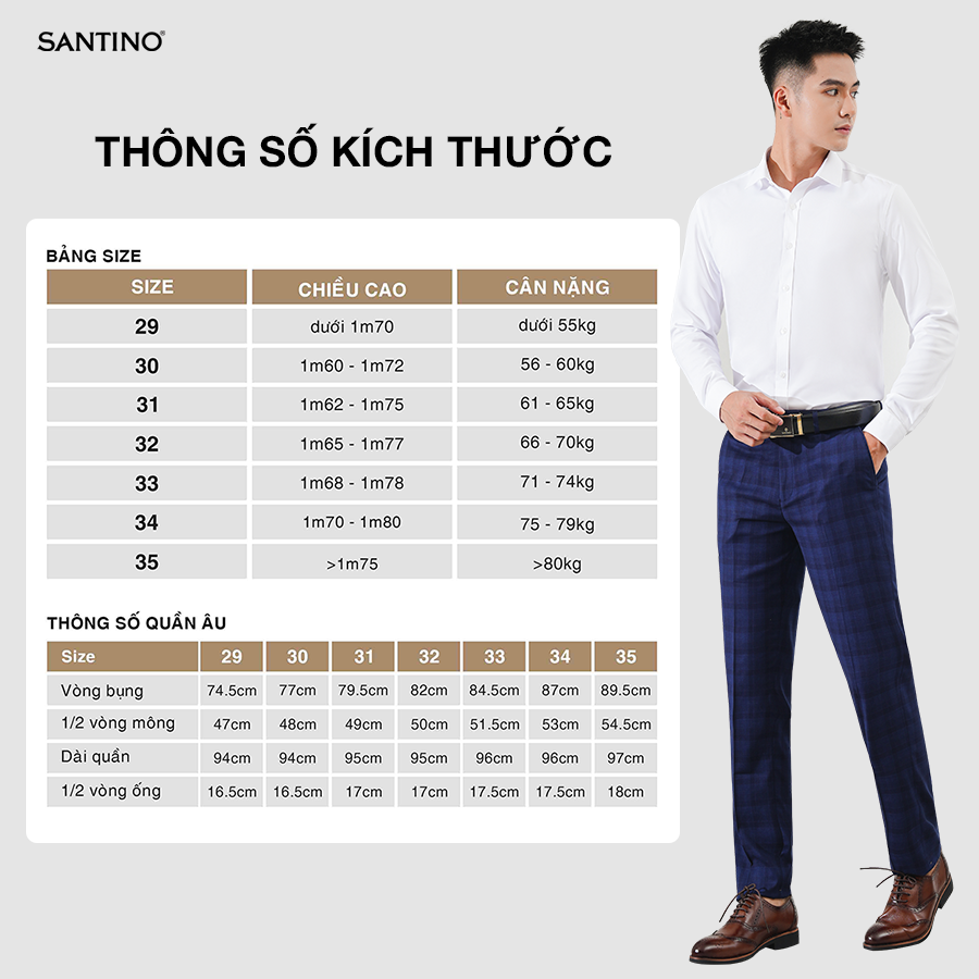 Quần Tây kẻ caro nam SANTINO cao cấp, màu xanh than, form chuẩn công sở trẻ trung, không xù, bai dão C002