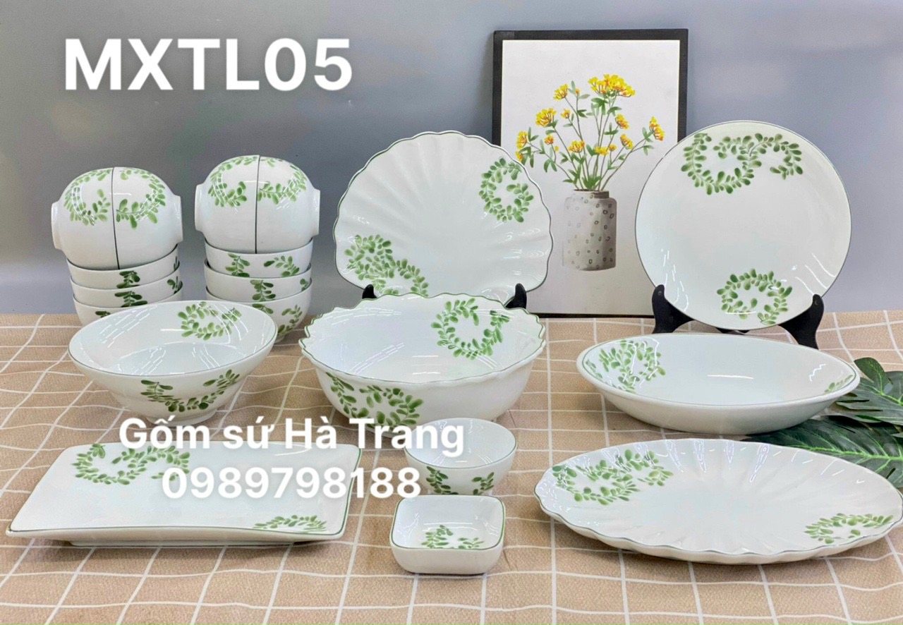 Bộ bát đĩa gốm sứ Bát Tràng cao cấp họa tiết lá me xanh MXTL005